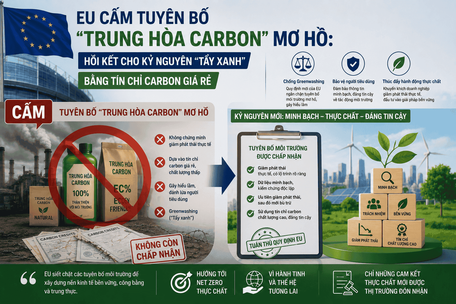 EU Cấm Tuyên Bố "Trung Hòa Carbon" Mơ Hồ: Hồi Kết Cho Kỷ Nguyên "Tẩy Xanh" Bằng Tín Chỉ Carbon Giá Rẻ